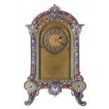Unusual French cloisonne cased carriage type mantel clock striking on gong, the movement back