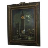 Moonlight picture clock depicting Big Ben and The Houses of Parliament over the Thames, coloured