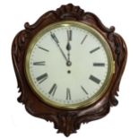 Mahogany single fusee 12" wall dial clock, within a foliate carved surround (pendulum and key)