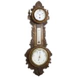 Oak cased clock/barometer and thermometer, the principal dial signed Maple & Co Ltd, London,