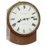 Contemporary mahogany double fusee 10" wall dial clock, the substantial movement striking the