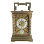 Small repeater carriage clock with alarm and striking on a gong, the 1.5" cream chapter ring
