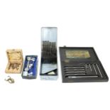 Assortment of various clock and watch makers tools including M & W micrometer in wooden box, old