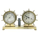 Waterbury brass marine inspired desk compendium, the twin 4" silvered barometer and two train