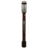 Reproduction bowfront stick barometer/thermometer, the silvered scale over an ebony banded front