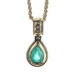 18ct yellow gold emerald and diamond pear shaped pendant on a rope twist neck chain, the pendant