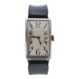 Art Deco silver rectangular curved gentleman's wristwatch with wire-lugs, case no. 1516xx,  the dial