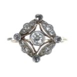 Attractive antique 18ct square diamond cluster ring, round old-cuts, the centre diamond 0.25ct