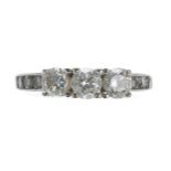 Modern 18ct white gold diamond three stone ring with set shoulders, 0.85ct approx, width 4mm, 3.7gm,