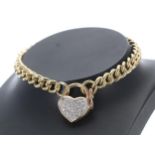 9ct curb bracelet link bracelet with a pavé diamond heart shaped clasp, 9.6gm, 6.5"long