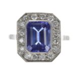 Attractive tanzanite and diamond platinum octagonal cluster ring, the tanzanite 2.80ct approx, in