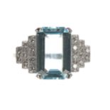 Impressive platinum aquamarine and diamond ring in the Art Deco manner, the aquamarine 3.50ct