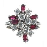 18ct white gold ruby & diamond cluster ring, with ten round brilliant-cut diamonds, 0.80ct approx in