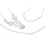 Silver 'Pennies from Heaven' design silver necklace, 14.6gm; slender pearl and cz necklace, 5.7gm,