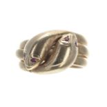 9ct yellow gold serpent snake design band ring, modelled with two heads with gem set eyes, width