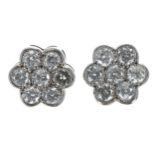 Pair of 18ct white gold diamond cluster earring, round brilliant-cut, 1.00ct approx in total,