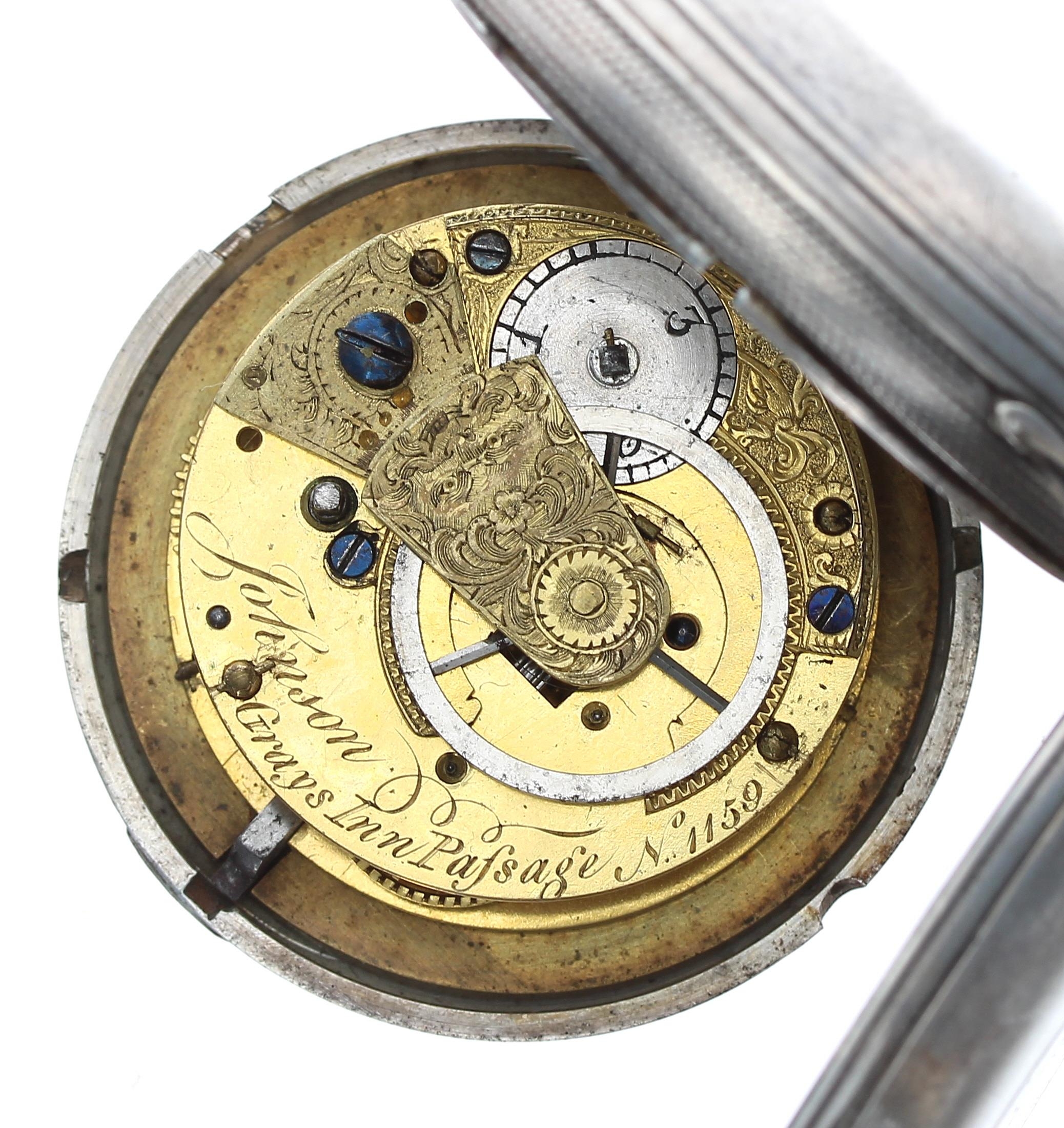 Victorian silver verge hunter pocket watch, London 1864, the fusee movement signed Johnson, Grays - Image 4 of 4