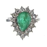 Pear shaped emerald and diamond cluster white metal cluster ring, the emerald 1.40ct approx in a