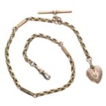 Fancy 9ct watch Albert chain with T-bar, swivel clasp and heart shaped locket, 14.6gm, 13" long