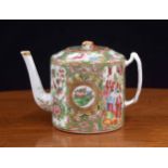 19th century Chinese Cantonese porcelain famille rose teapot, decorated with panels of figures,