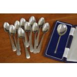Set of ten silver teaspoons, with bright cut engraved decoration and monogrammed handles, maker