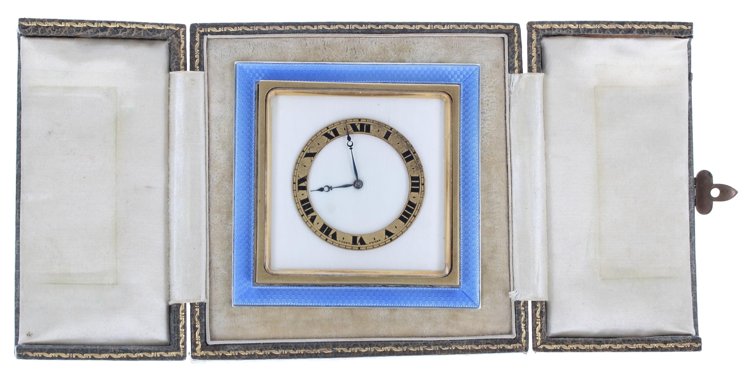 Art Deco silver and blue guilloche enamel travel clock, Birmingham 1925, with a Swiss 8 days