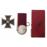 Queen Elizabeth II Coronation medal on ribbon; also a World War II German 1939 cross badge