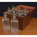 19th century mahogany decanter box with six French glass decanters, with gilt detail decoration, 11"