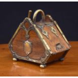 Miniature novelty oak tea caddy, modelled as a coal scuttle with a silver plated handle,