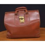 Vintage brown leather Gladstone bag, with brass hardware, 16" wide, 13" high