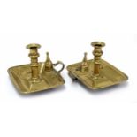 Pair of 19th century brass chamber sticks with snuffers, over rectangular drip trays 7" x 6", 5"