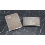 Victorian rectangular silver card case, with engine turned decoration and a circular monogrammed