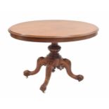 Victorian oval mahogany tilt-top loo table, the moulded top over a central support raised on