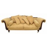 Good impressive and large Regency style mahogany framed cushion back settee, labelled 'supplied by