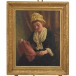 English School (19th century) - Figurative subject of a lady seated holding a picture partially