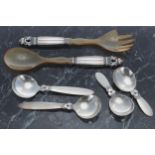 Georg Jensen, Denmark sterling silver handled 'Acorn' salad servers, with horn effect ends and acorn