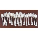 Eighteen Victorian Kings pattern silver teaspoons, including five by Josiah Williams & Co, four by