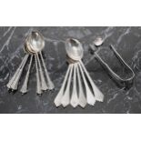 Set of six Edward VII silver teaspoons and a pair of sugar nips, with twist handles, maker William