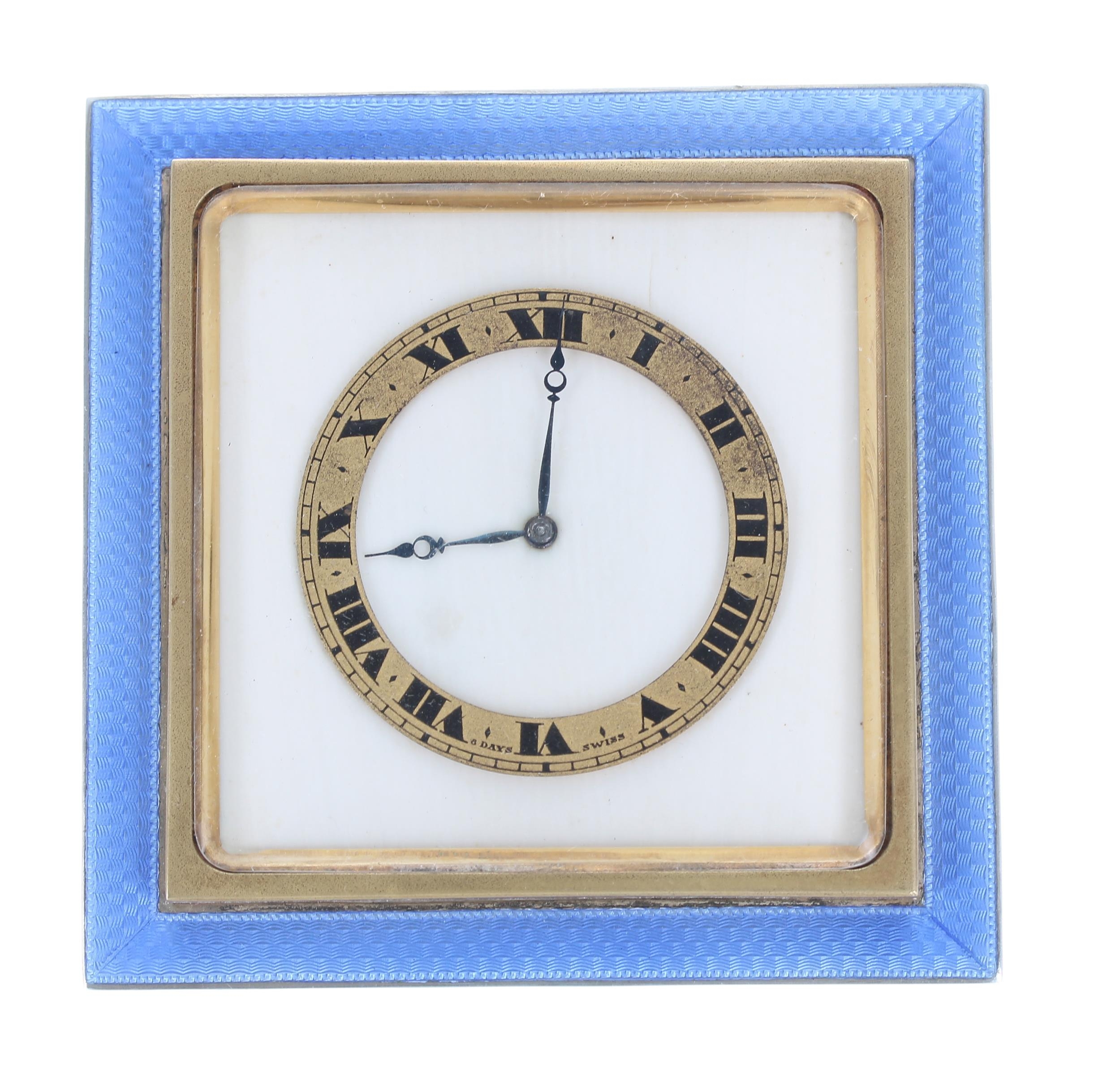 Art Deco silver and blue guilloche enamel travel clock, Birmingham 1925, with a Swiss 8 days - Image 2 of 3