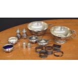 Mappin & Webb silver cruet set; two mustards with hinged covers and blue glass liners, two open