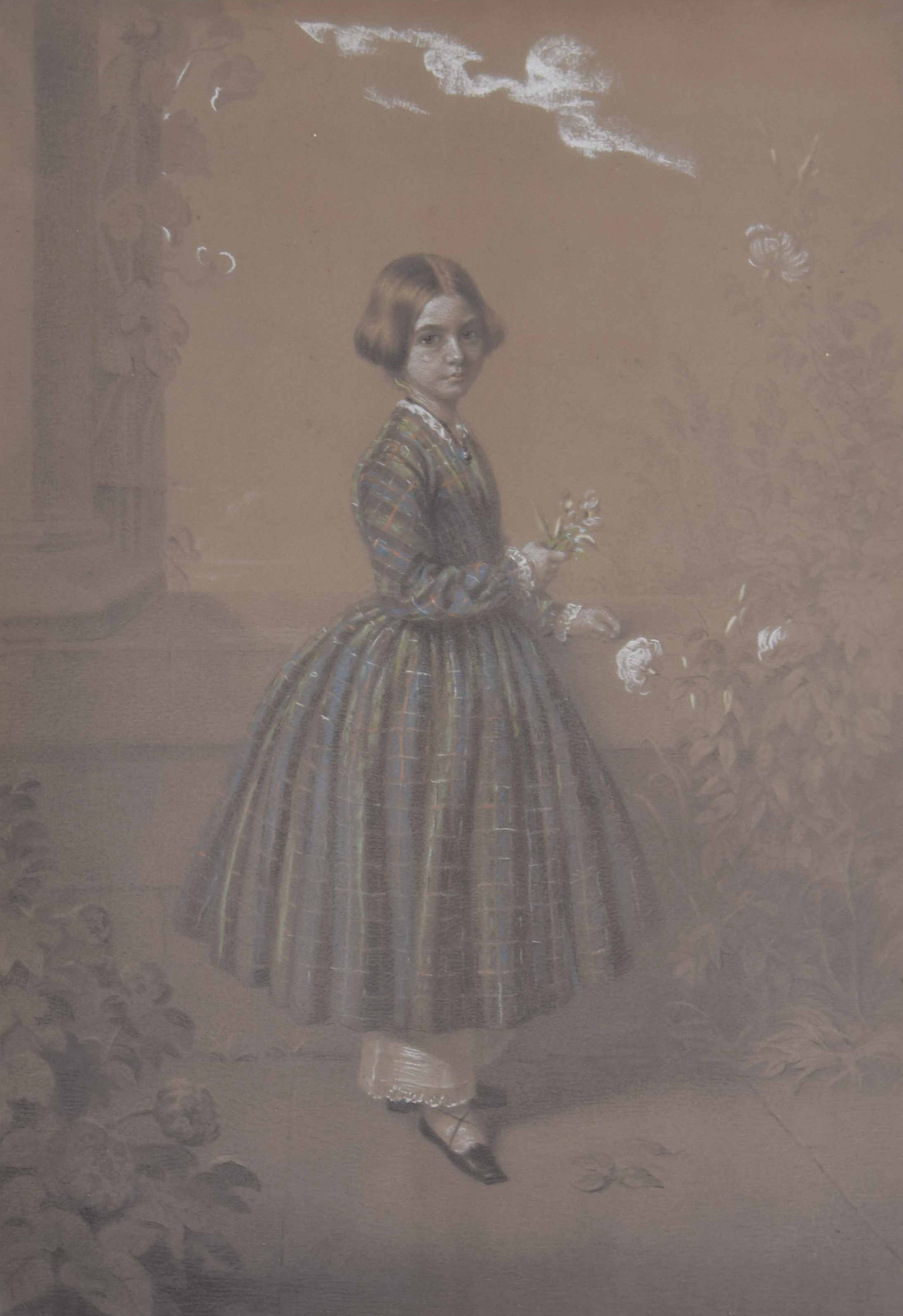 R*A* Clack (19th century) - portrait of a young girl, standing wearing a tartan dress and holding - Image 3 of 3