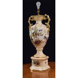 A large Staffordshire pottery baluster table lamp, transfer printed with birds and flowers on a
