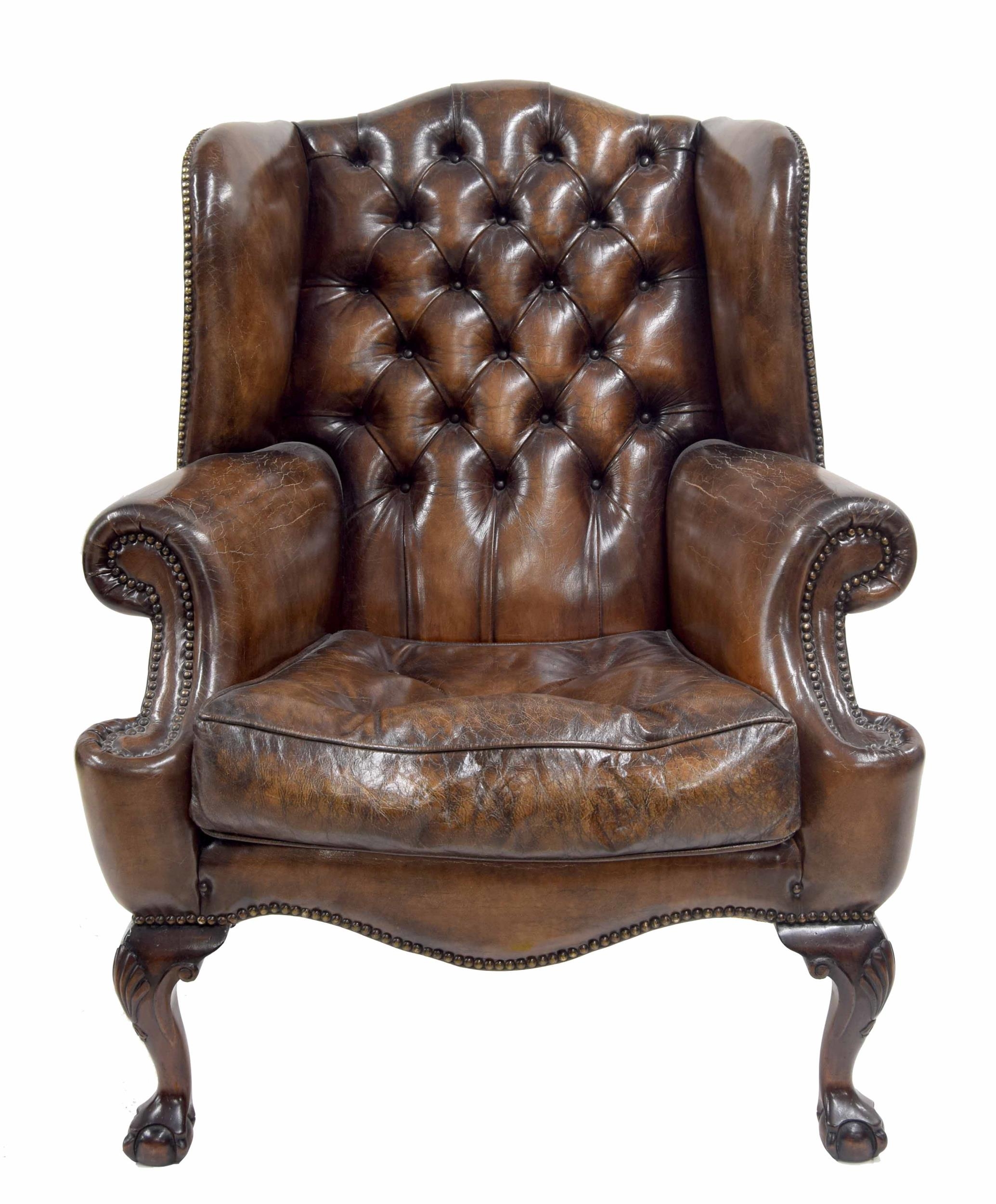 Fine pair of Chesterfield leather wing back armchairs, on shell carved cabriole legs terminating - Image 2 of 5