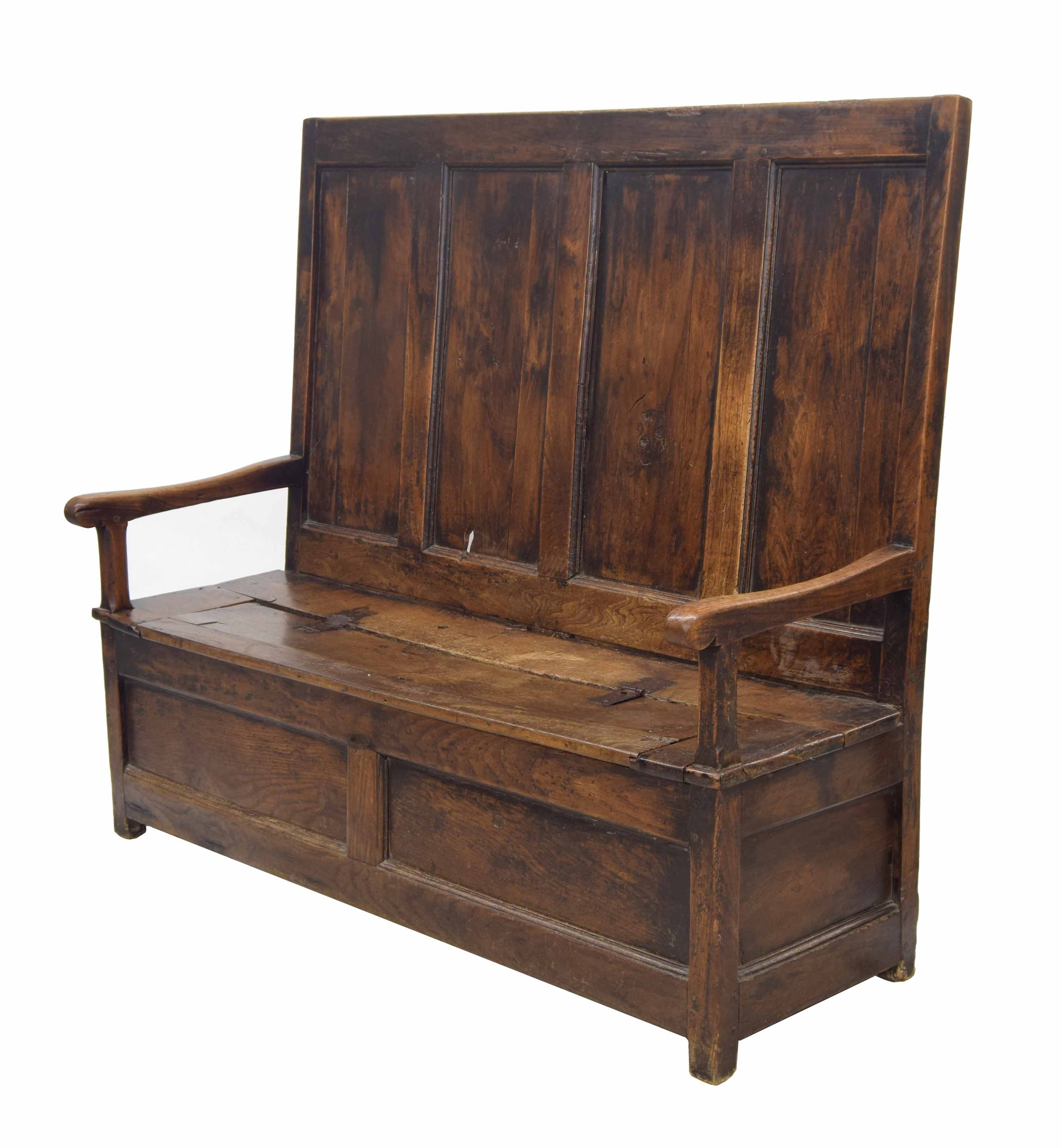 Georgian oak and elm box settle, the four panel back over a hinged seat enclosing an open box - Image 2 of 3