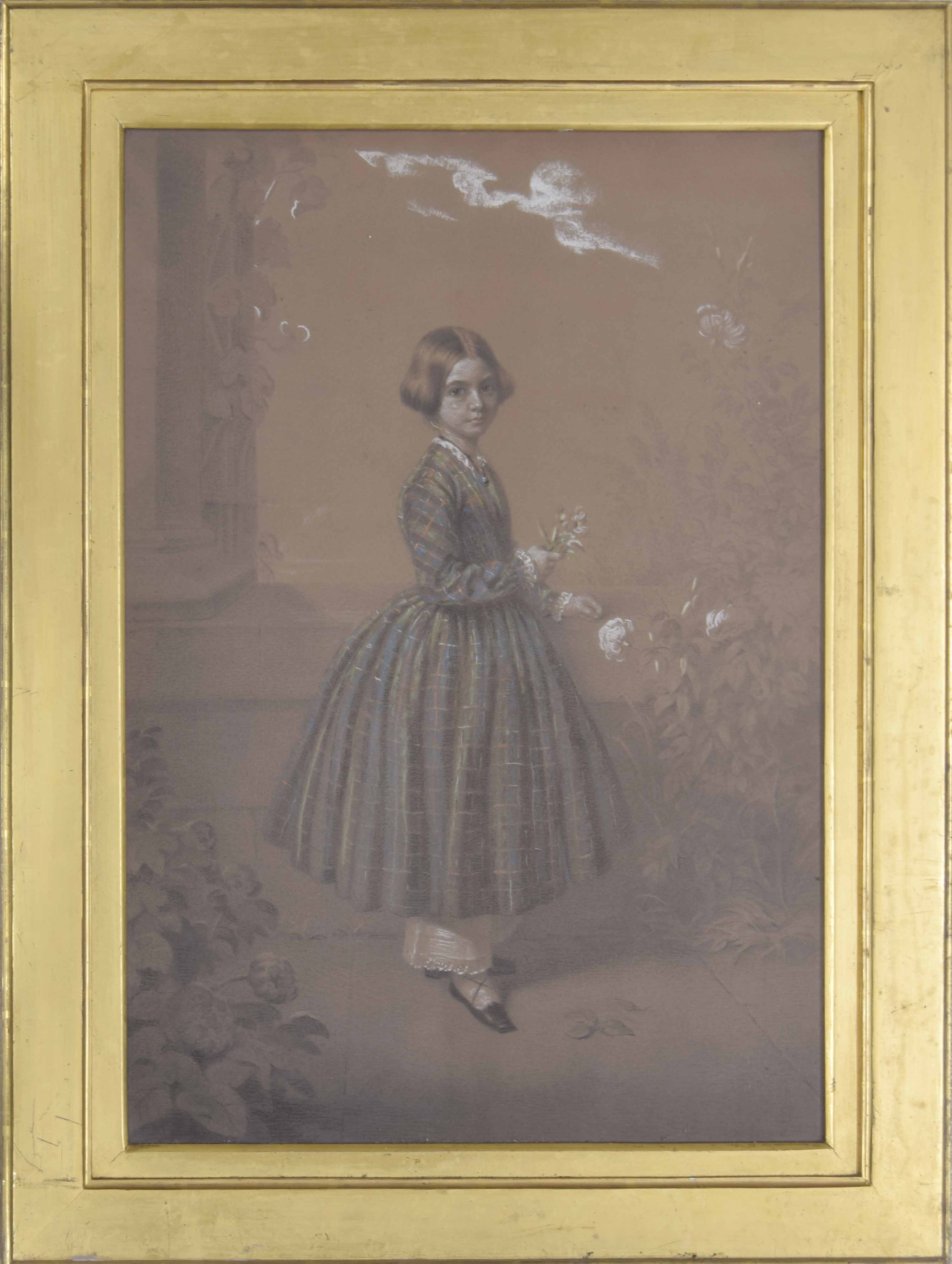 R*A* Clack (19th century) - portrait of a young girl, standing wearing a tartan dress and holding