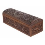 Fine 19th century Anglo Indian carved sandalwood box and cover, the domed hinged cover and four