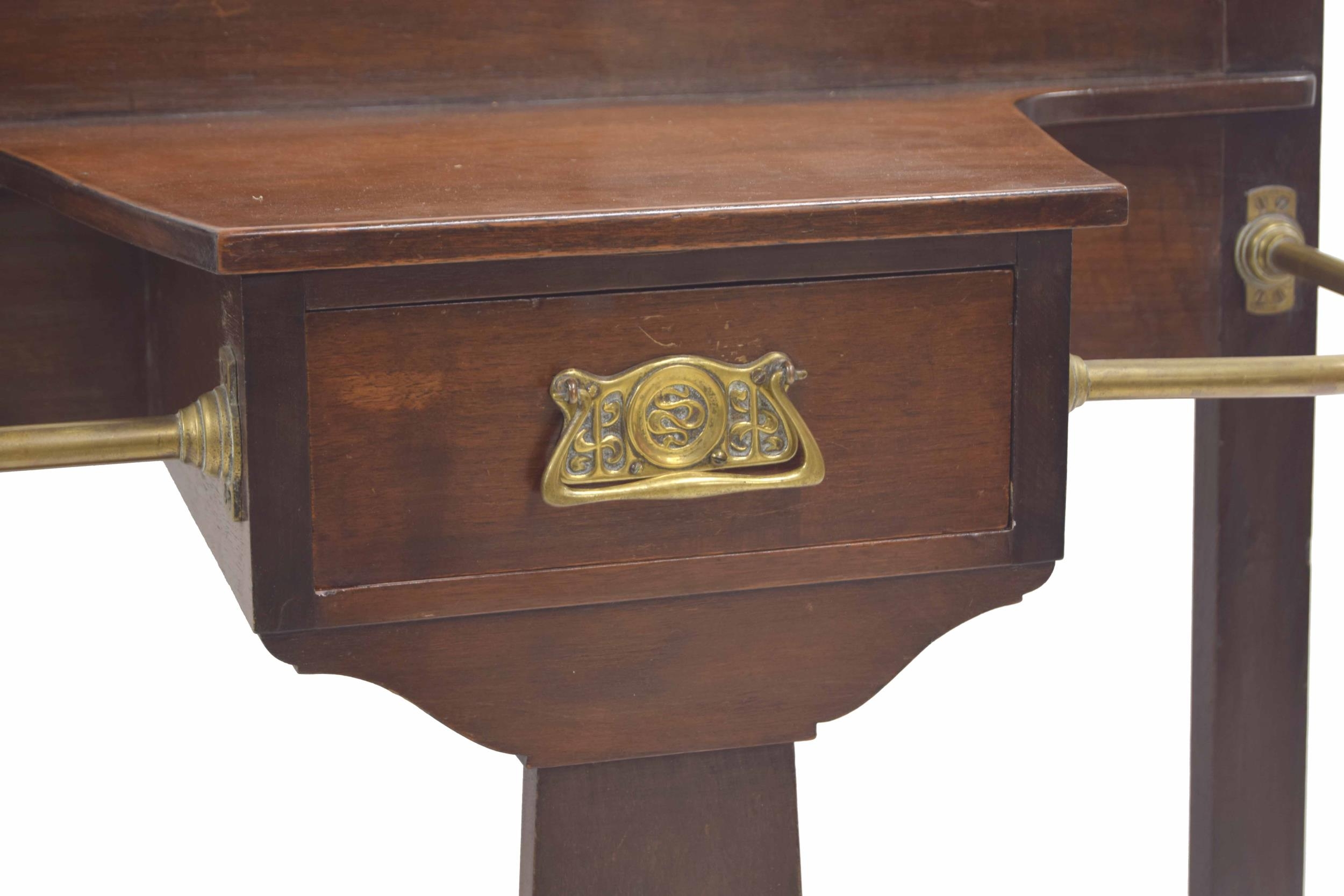 Arts & Crafts mahogany hall stand stamped Maple & Co., with brass rails aside a central slim - Image 3 of 4