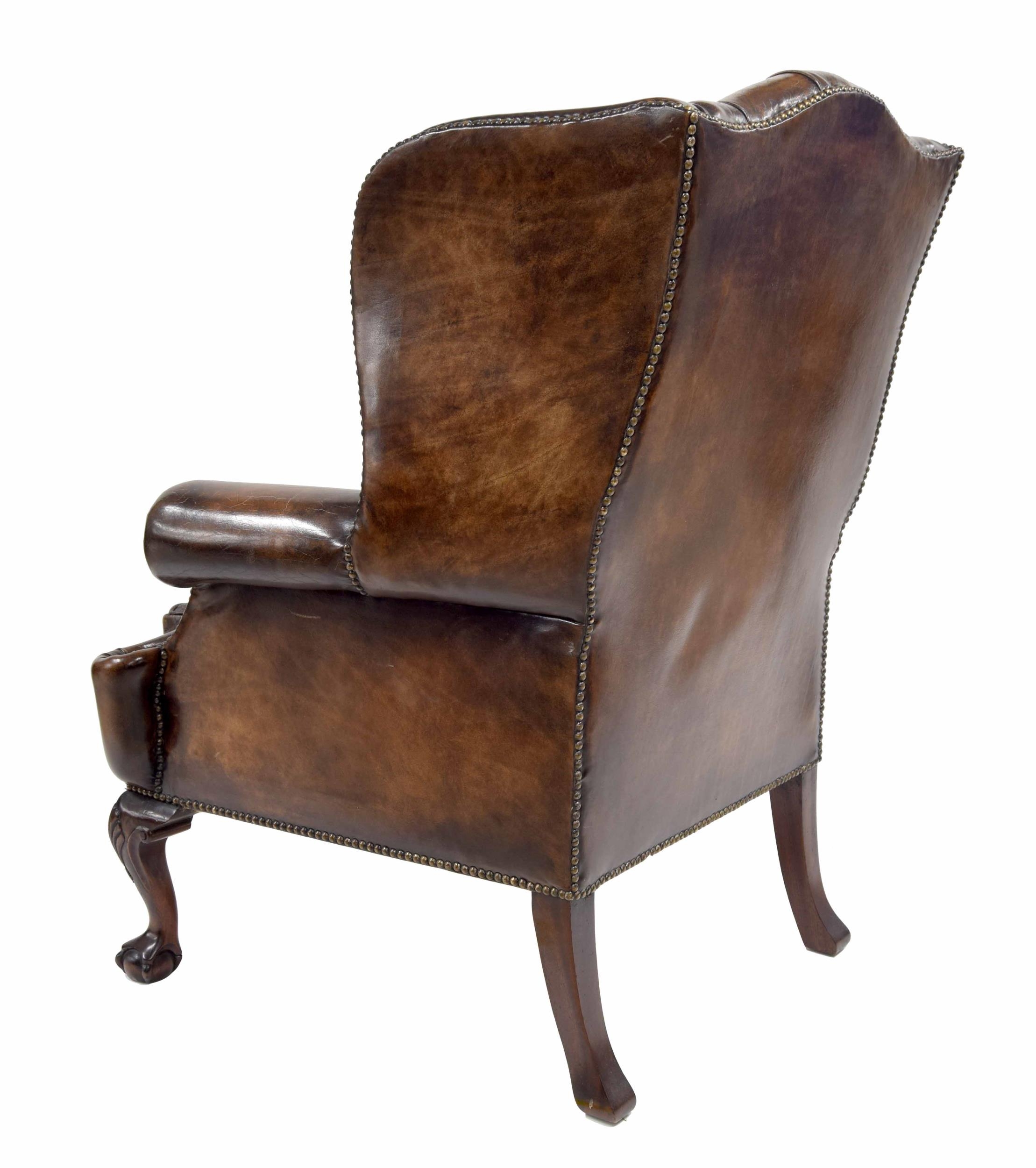 Fine pair of Chesterfield leather wing back armchairs, on shell carved cabriole legs terminating - Image 3 of 5