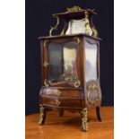 Miniature Louis XV style apprentice walnut and gilt metal mounted vitrine cabinet, the raised back