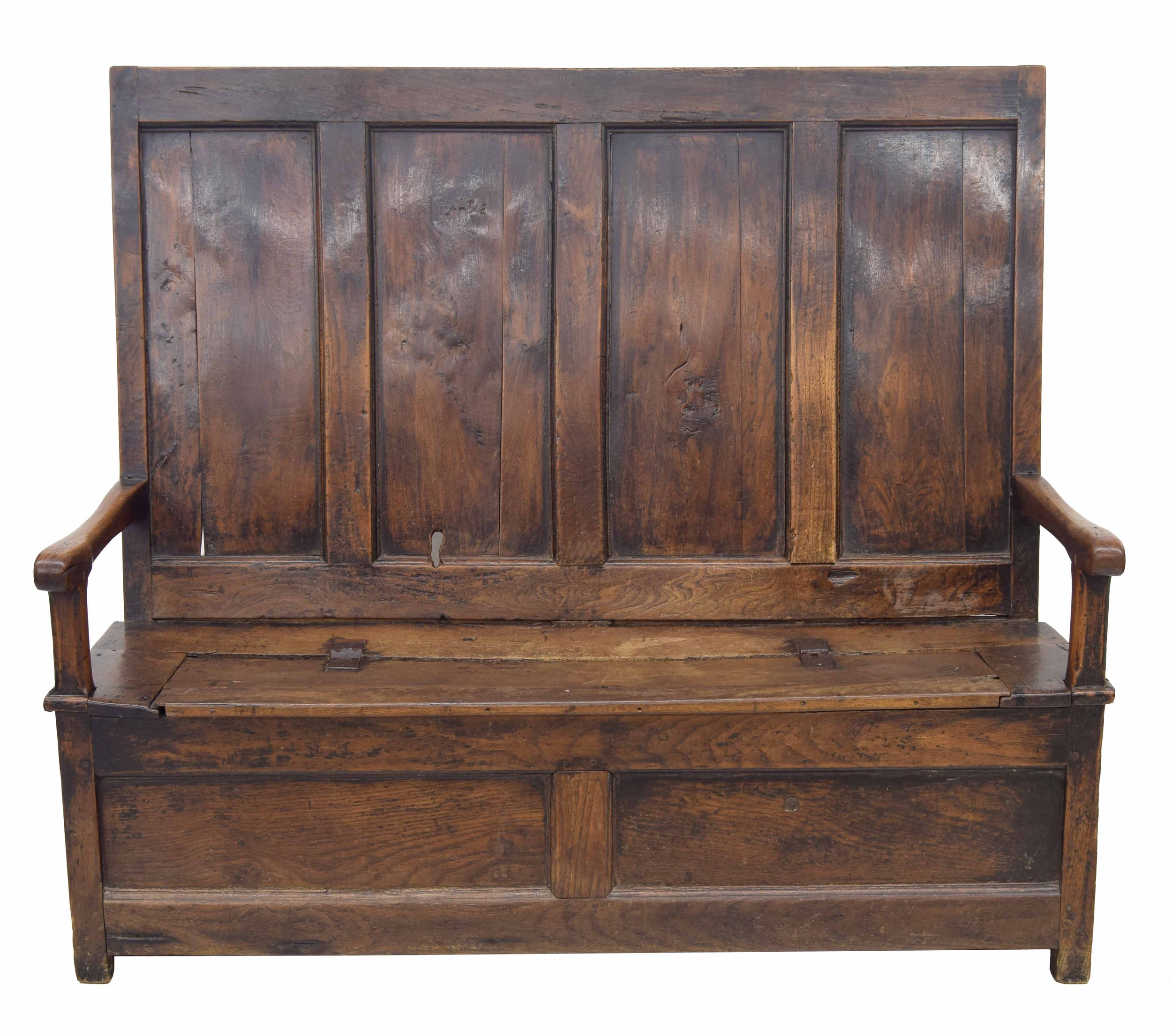 Georgian oak and elm box settle, the four panel back over a hinged seat enclosing an open box